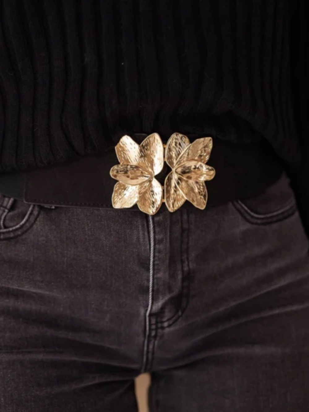 🔹 Black Elastic Waist Belt with Metal Gold Floral Buckle by Ceinture Ju 🇫🇷